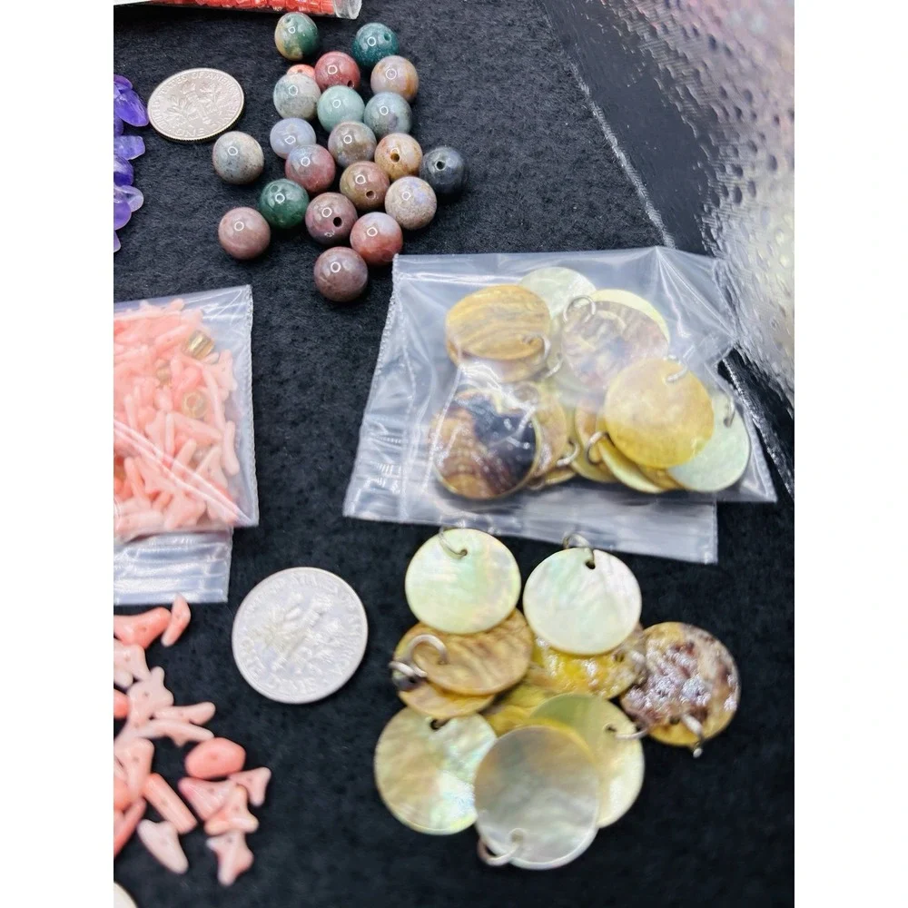 Lot of Jewelry Making Bead mix Amethyst Gemstone Chips Jade shell olive wood Hex
